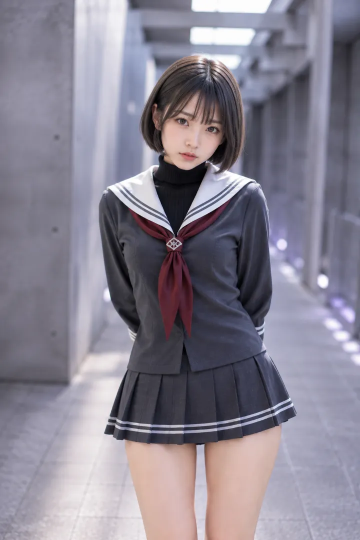 実写AI美女版|黒タートルネックにチャコールのセーラー服とプリーツスカートを重ねたダークコーデ
