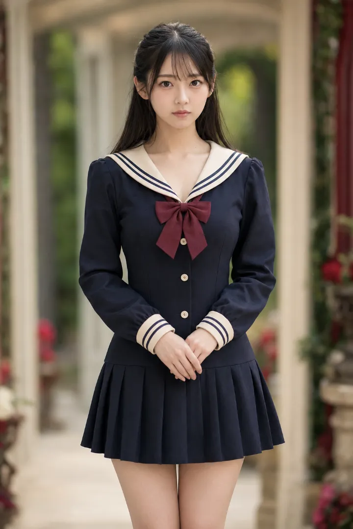 実写AI美女版|紺×アイボリーの長袖セーラーワンピースにプリーツスカートを組み合わせたコーデ