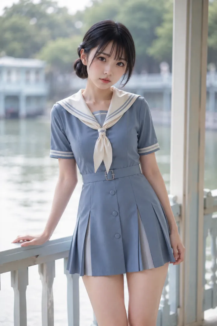 実写AI美女版|くすみブルー×アイボリーのひざ丈セーラーワンピースコーデ