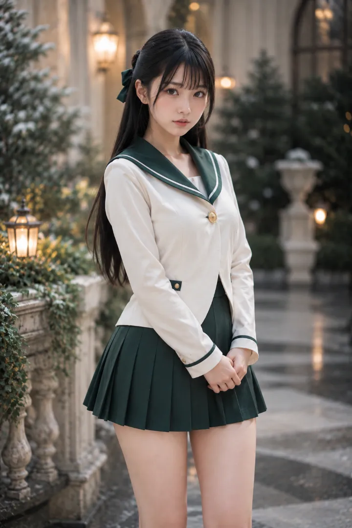 実写AI美女版|アイボリー×深緑のセーラージャケットにひざ丈プリーツスカートを合わせたコーデ