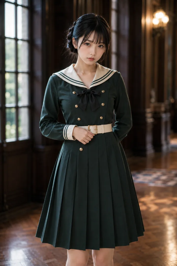 実写AI美女版|深緑×アイボリーの長袖セーラーワンピースとひざ下ボックスプリーツのコーデ