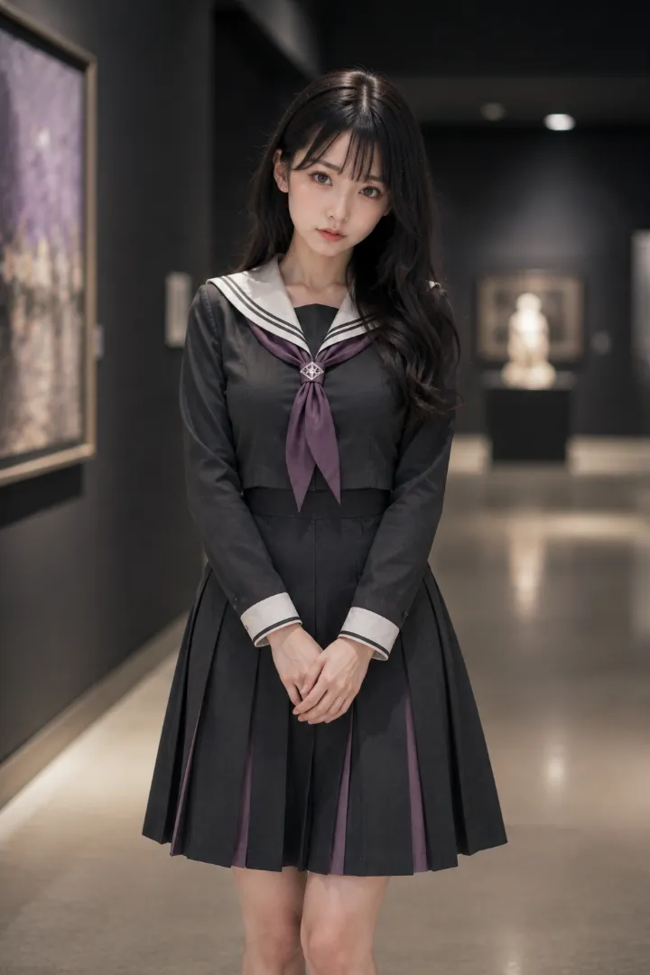 実写AI美女版|チャコール×アイボリーの長袖セーラー服にひざ下プリーツスカートを合わせたコーデ