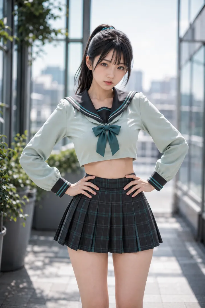 実写AI美女版|ミント×チャコールのクロップドセーラー服にチェック柄プリーツスカートを合わせたコーデ