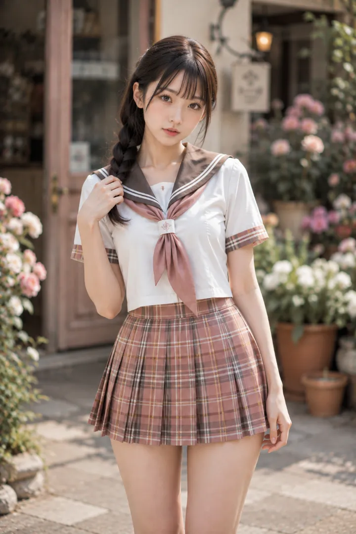 実写AI美女版|白×ブラウンの半袖セーラー服にくすみローズのチェック柄プリーツスカートを合わせたコーデ