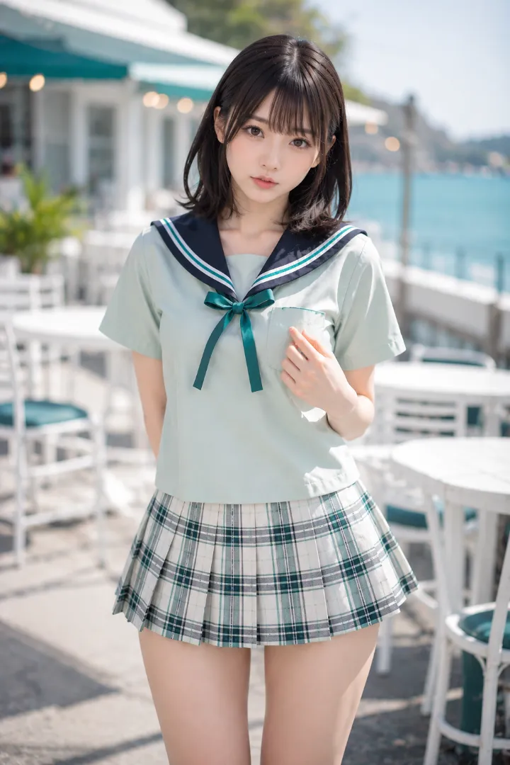 実写AI美女版|ミント×紺の半袖セーラー服にオフホワイトのチェック柄プリーツスカートを合わせたコーデ