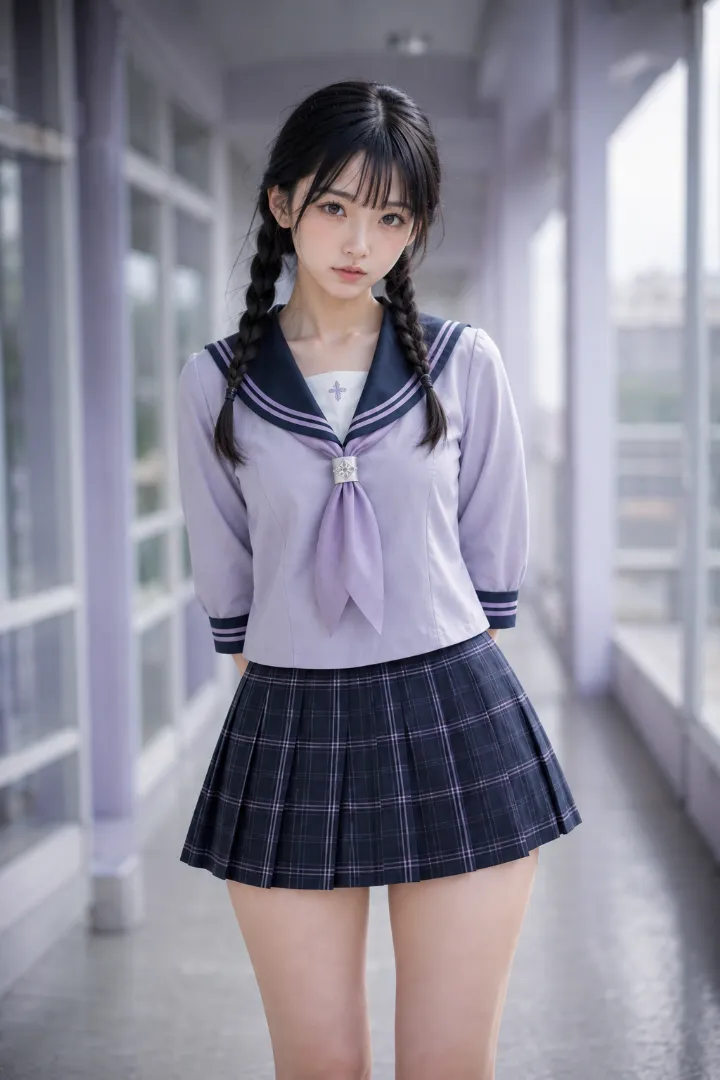 実写AI美女版|ラベンダー×紺の七分袖セーラー服にチェック柄プリーツスカートを合わせたコーデ