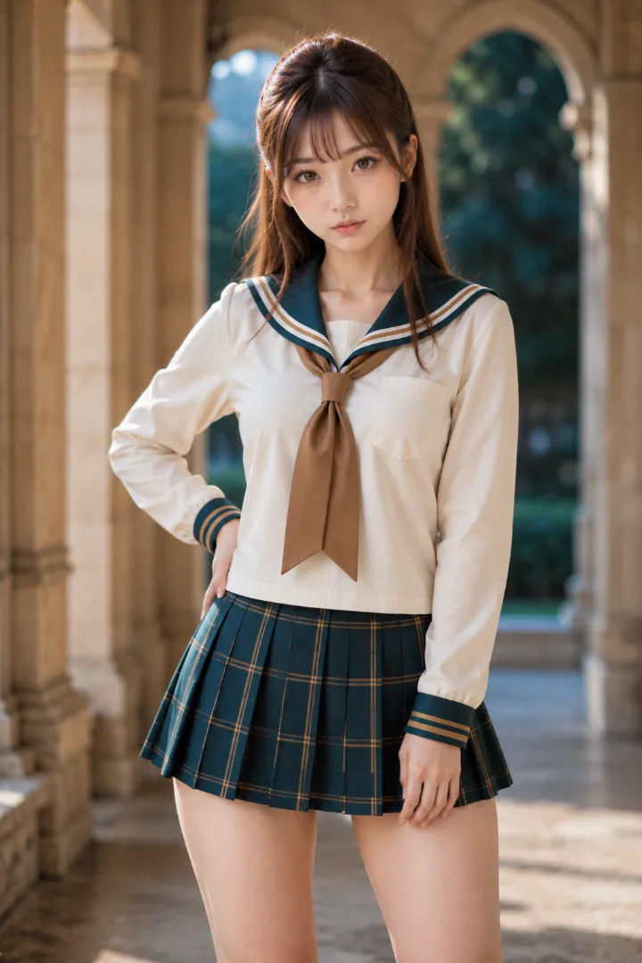 実写AI美女版|アイボリー×深い青緑の長袖セーラー服にチェック柄プリーツスカートを合わせたコーデ