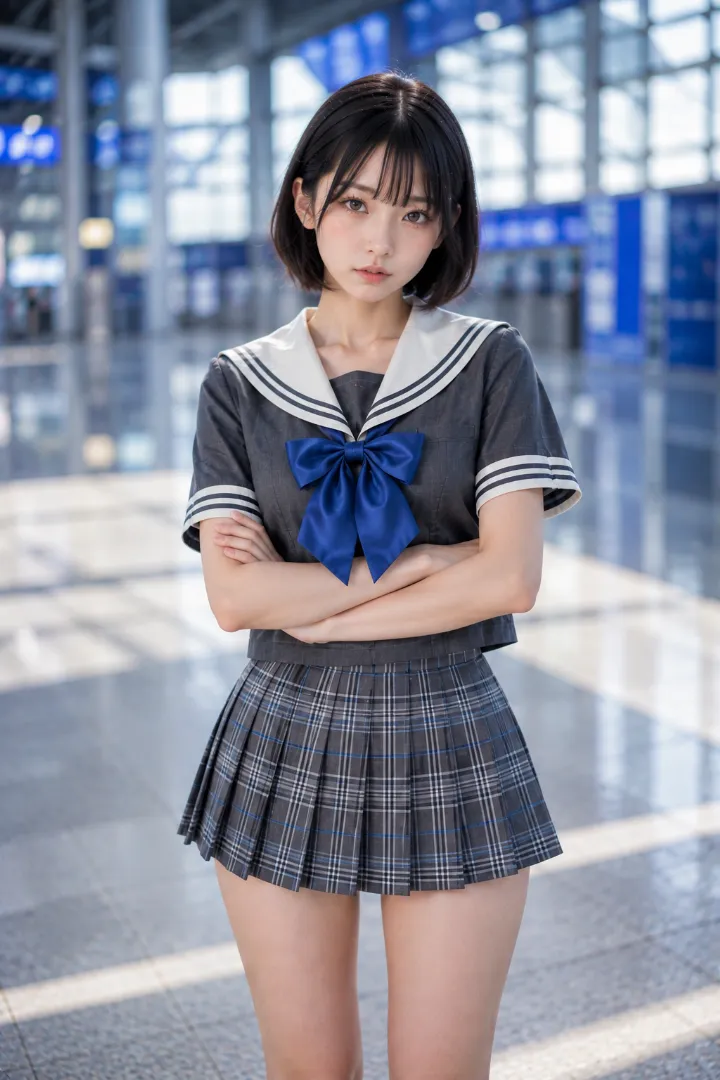 実写AI美女版|チャコール×白の半袖セーラー服にグレーのチェック柄プリーツスカートを合わせたコーデ