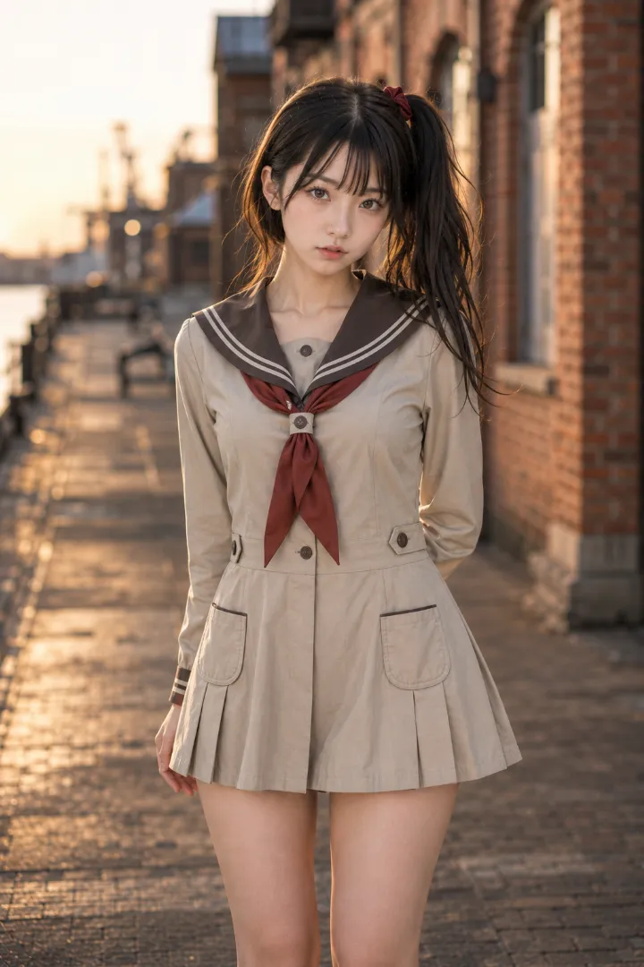 実写AI美女版|ベージュ×ブラウンの前開きセーラーシャツワンピースコーデ