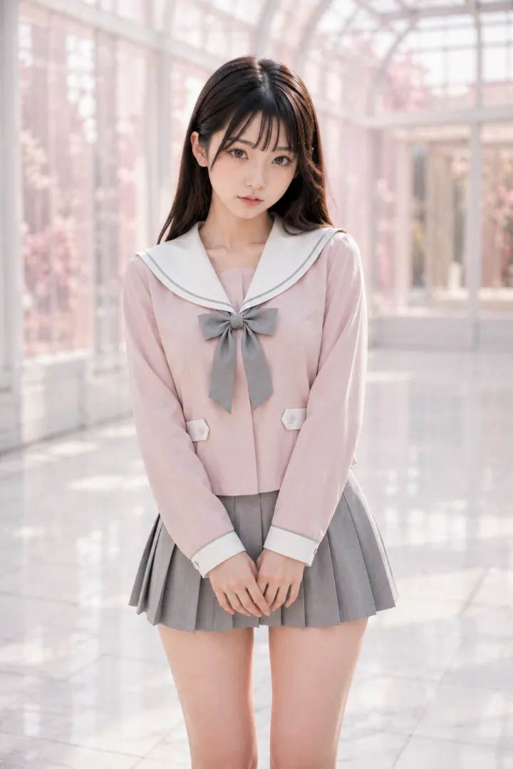 実写AI美女版|淡いピンク×白の長袖セーラー服にグレーのプリーツスカートを合わせたコーデ