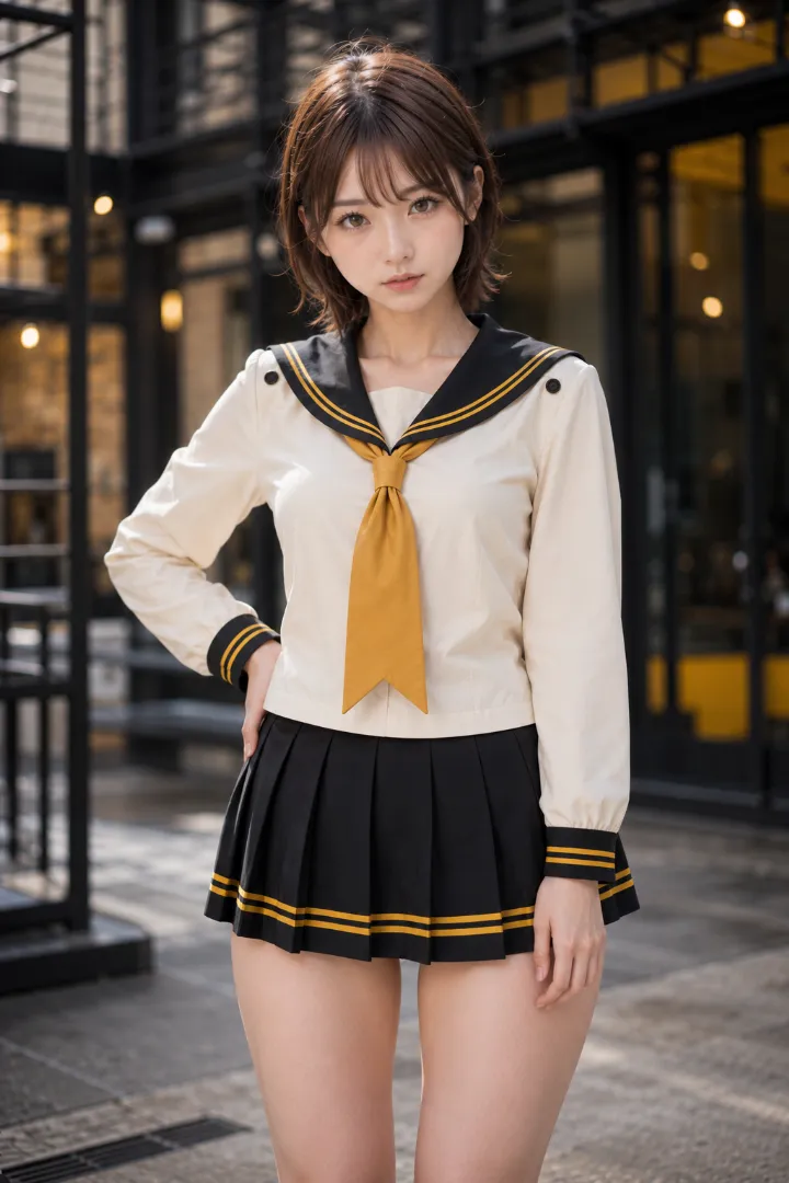 実写AI美女版|クリーム×黒の長袖セーラー服に黒のプリーツスカートとマスタード色を効かせたコーデ