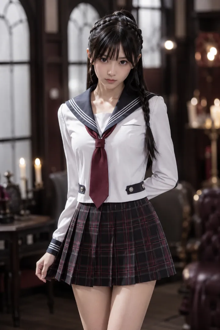 実写AI美女版|白×チャコールのセーラージャケットに赤系チェックのプリーツスカートを合わせたコーデ