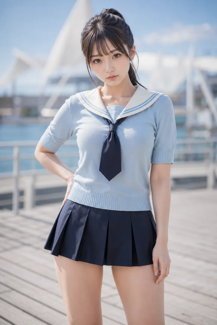 実写AI美女版|パウダーブルー×アイボリーのニットセーラーポロに紺のミニスカートを合わせたコーデ