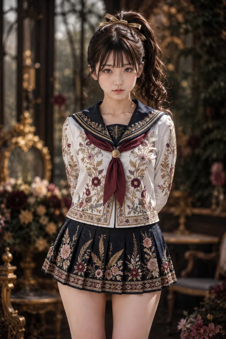 実写AI美女版|白×紺の長袖セーラー服とプリーツスカートに華やかな花柄刺しゅうを施したコーデ