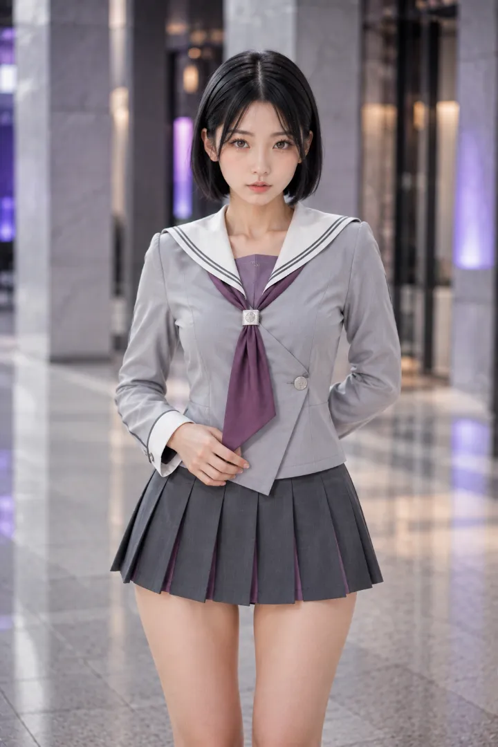 実写AI美女版|グレー×アイボリーの長袖セーラージャケットにチャコールのプリーツスカートを合わせたコーデ