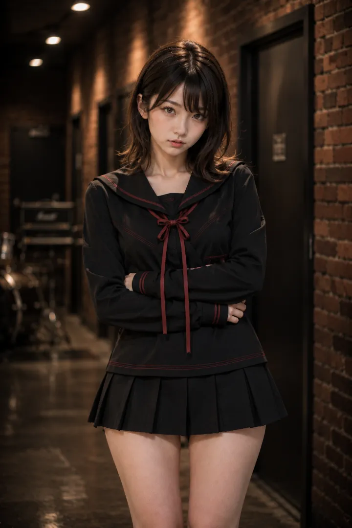 実写AI美女版|黒×ダークレッドの長袖セーラー服に黒のプリーツスカートと白ルーズソックスを合わせたコーデ