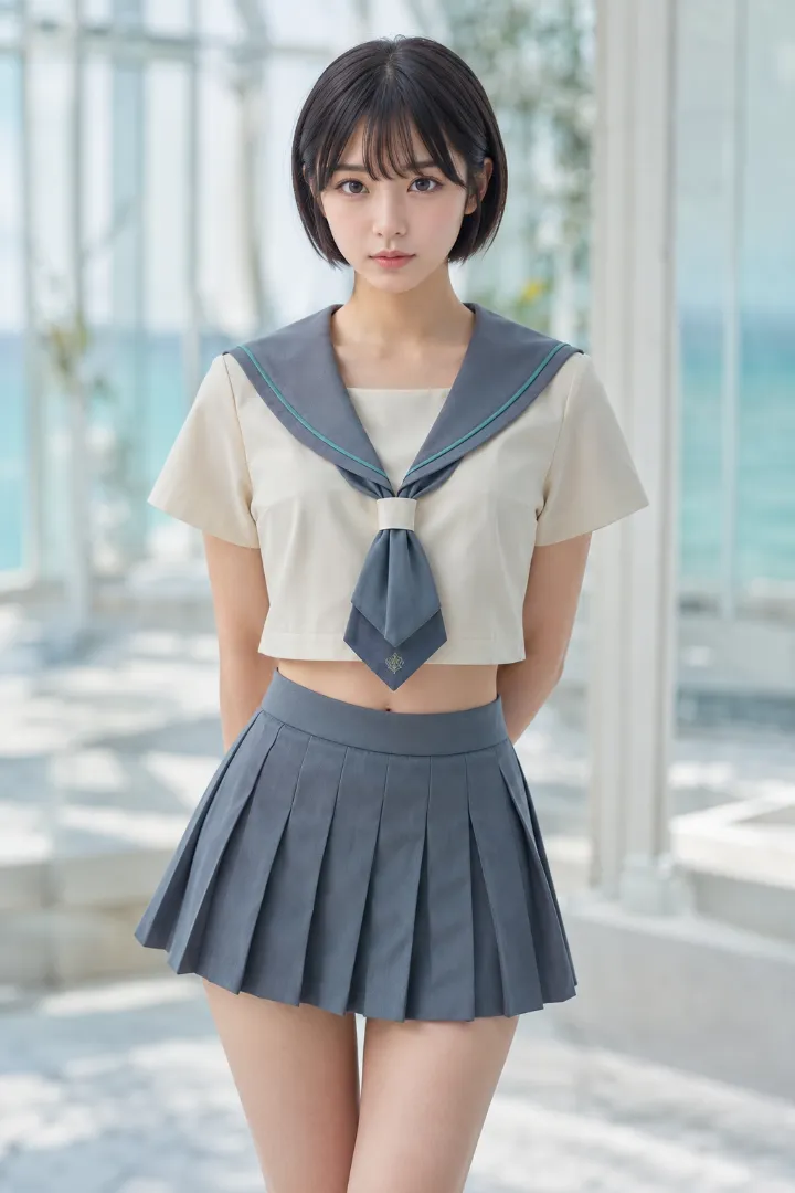 実写AI美女版|アイボリー×ブルーグレーのクロップドセーラー服と超ミニプリーツスカートのコーデ