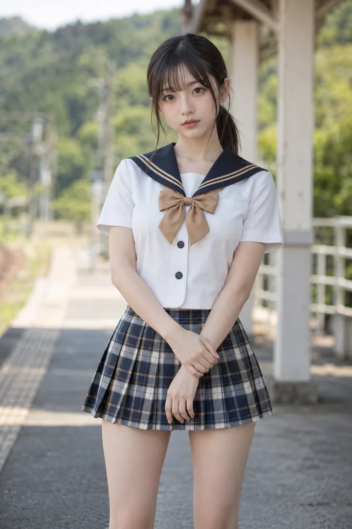 実写AI美女版|白×紺の前開きセーラージャケットにタータンチェックのプリーツスカートを合わせたコーデ
