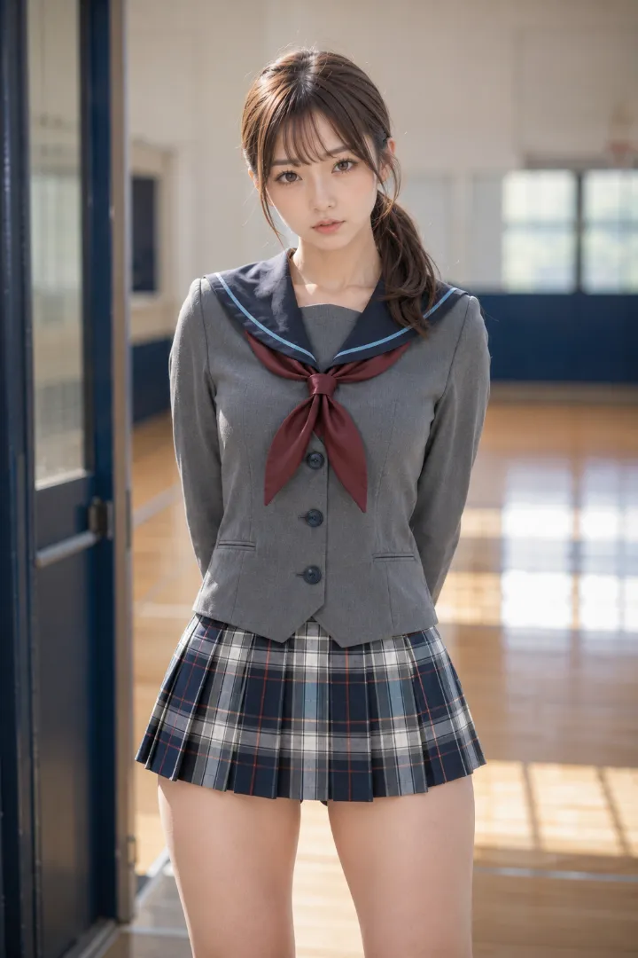 実写AI美女版|グレー×紺の長袖セーラージャケットにタータンチェックのプリーツスカートを合わせたコーデ