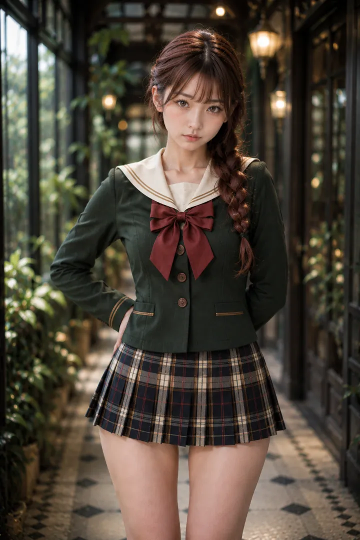 実写AI美女版|深緑×アイボリーの長袖セーラージャケットにブラウン系タータンのプリーツスカートを合わせたコーデ