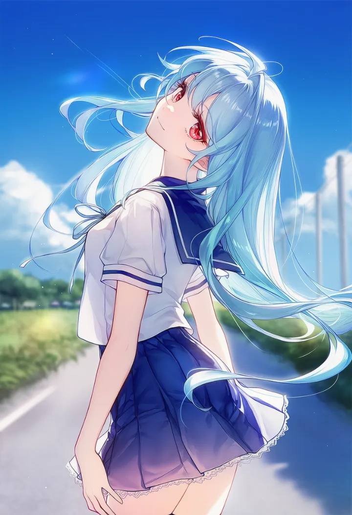 セーラー服とミニスカート姿で、背中を大きく反らせて振り返る女性のAIイラスト