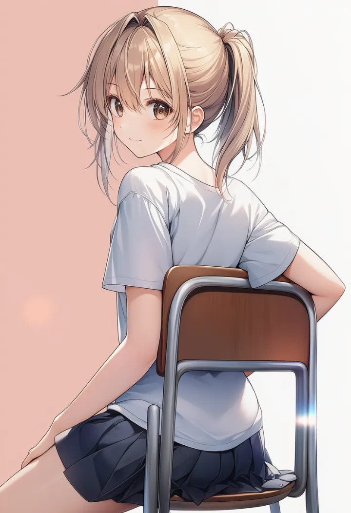 椅子に座り、背もたれに寄りかかりながら振り返る女性のAIイラスト