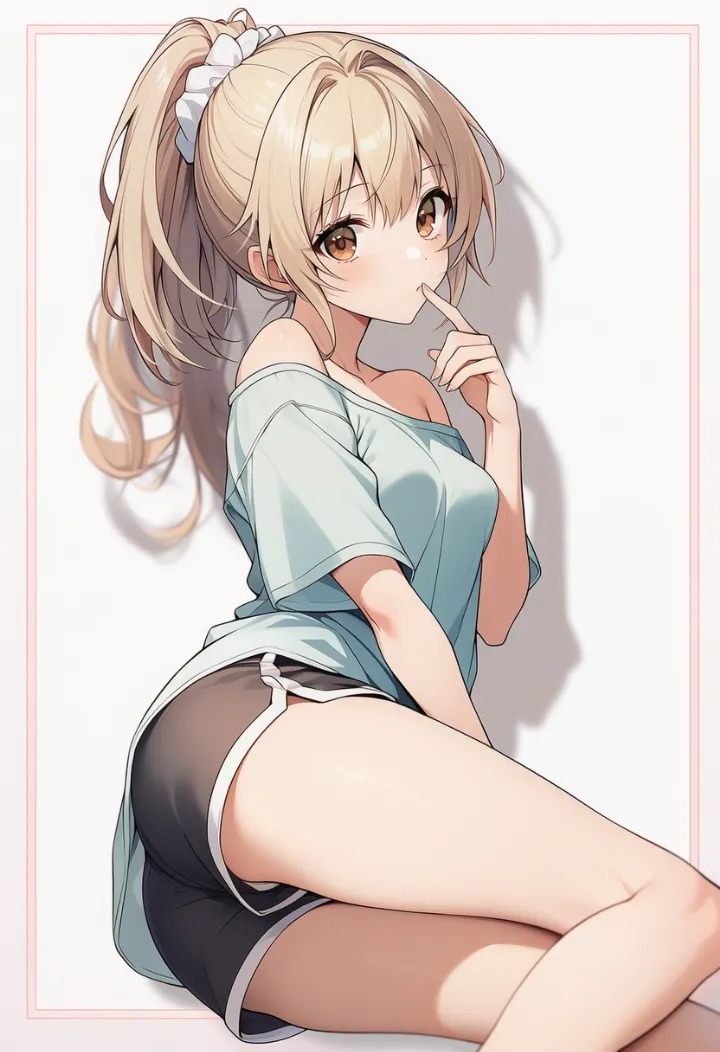 座って上体をひねり膝裏を見せながら指を口元に添える女性のあざといポーズ