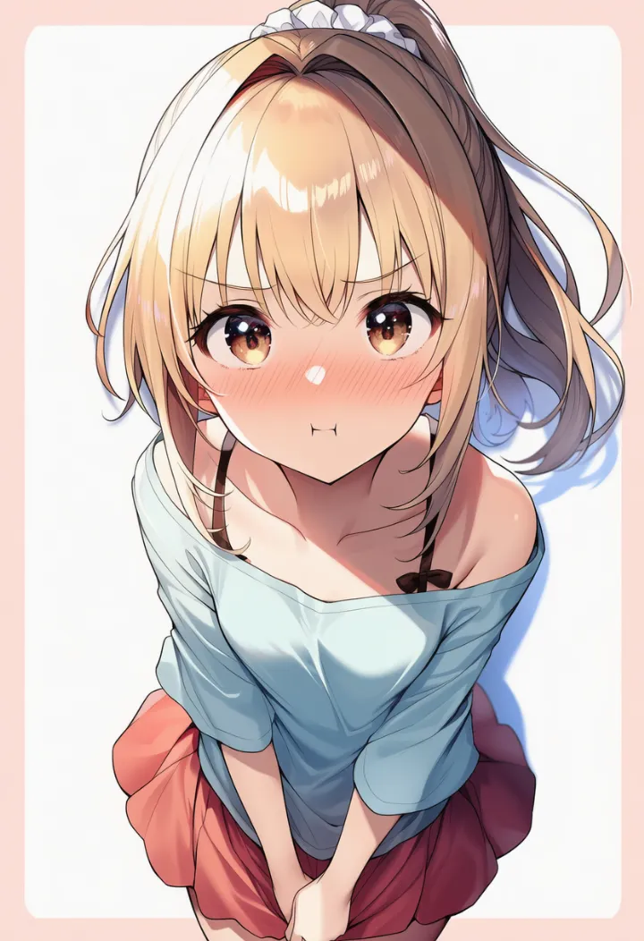 スカートを押さえながら頬を膨らませる女性のあざといポーズ