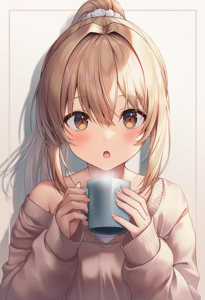萌え袖でカップを両手に持ち湯気に息を吹きかける女性のあざといポーズ
