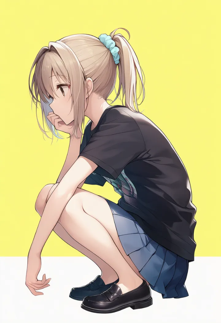 猫背でしゃがむポーズのAIイラスト