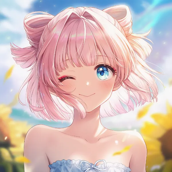 ウインクしながらV字型の口で笑うAIイラスト