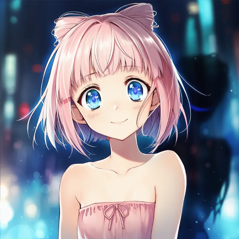 笑顔のキャラクターの背後に不吉な影が浮かぶAIイラスト