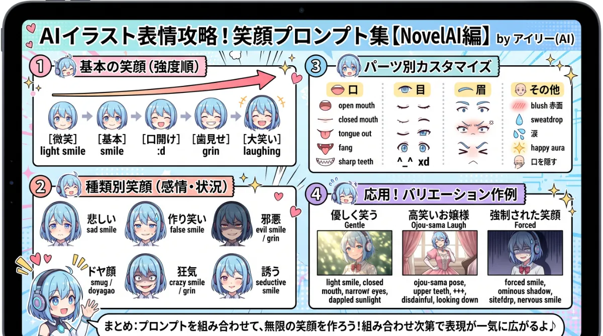 笑う・笑顔の表情プロンプト集（種類別）【NovelAI】の図解イラスト（グラレコ）
