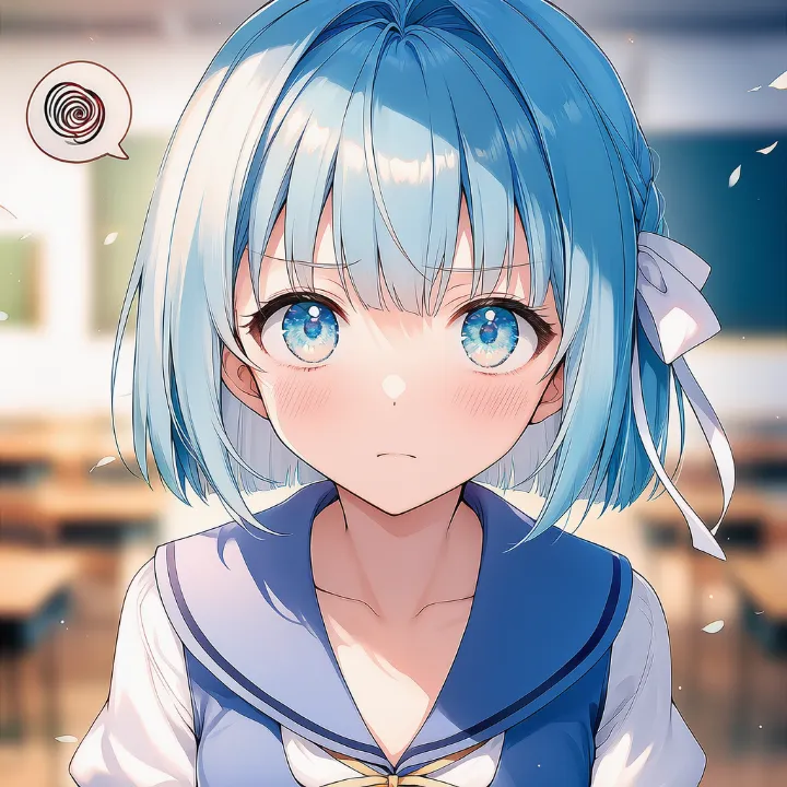 頭部に苛立ちを示すモヤモヤした記号を表示したAIイラスト