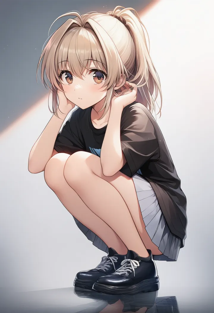 スカートの中が脚で隠れるしゃがみポーズのAIイラスト