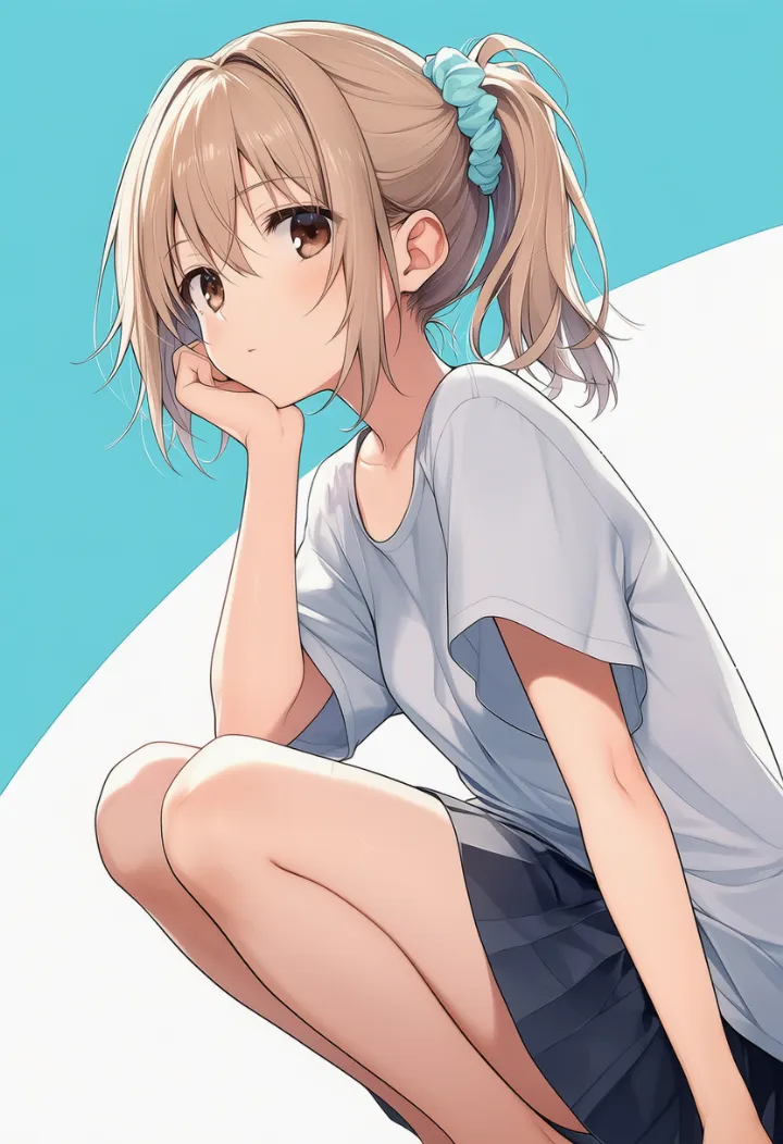 片肘を膝に置いてしゃがむポーズのAIイラスト