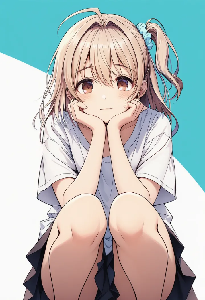 肘を両膝に置いてしゃがむポーズのAIイラスト