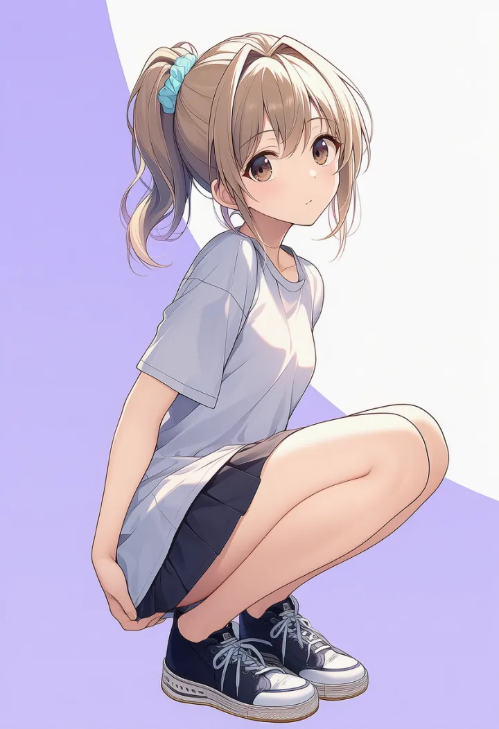 両手をお尻に置いてしゃがむポーズのAIイラスト