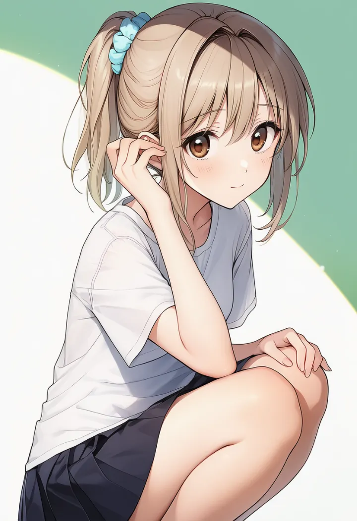 片手を膝に置いてしゃがむポーズのAIイラスト
