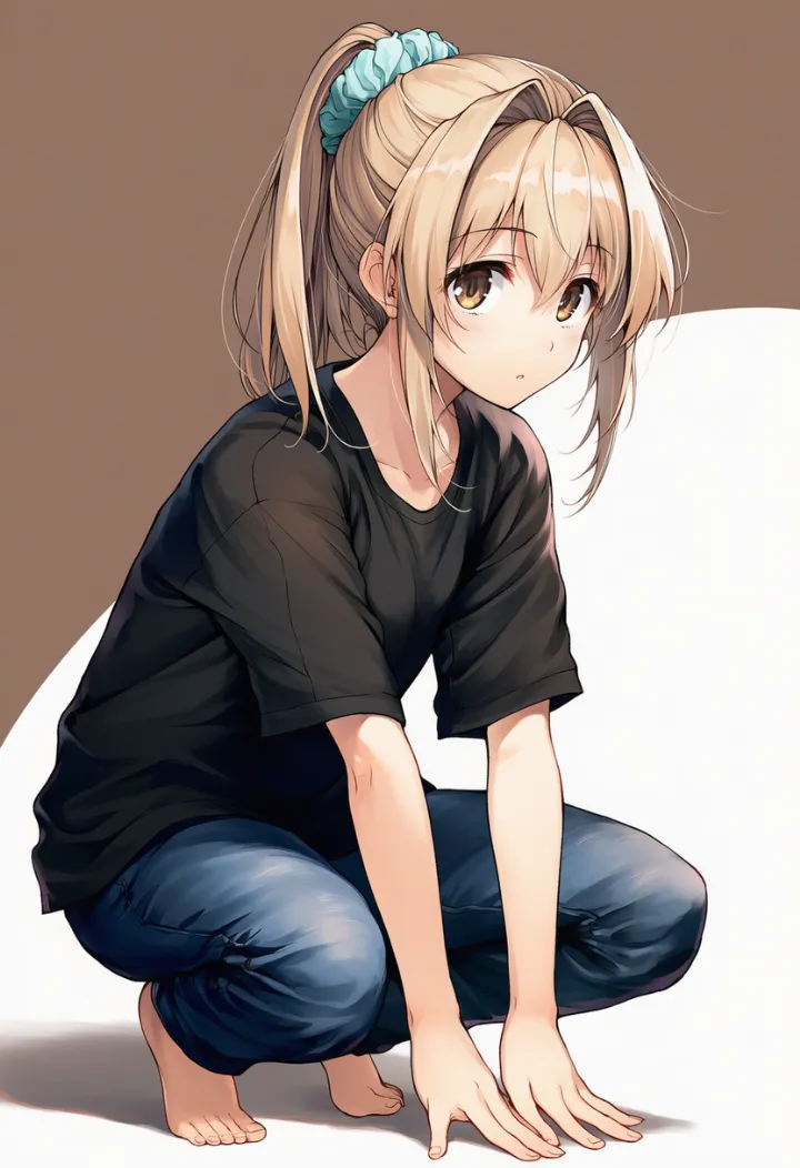 前傾して両手を床につくしゃがみポーズのAIイラスト