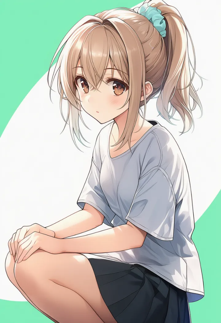 両手を膝に置いてしゃがむポーズのAIイラスト