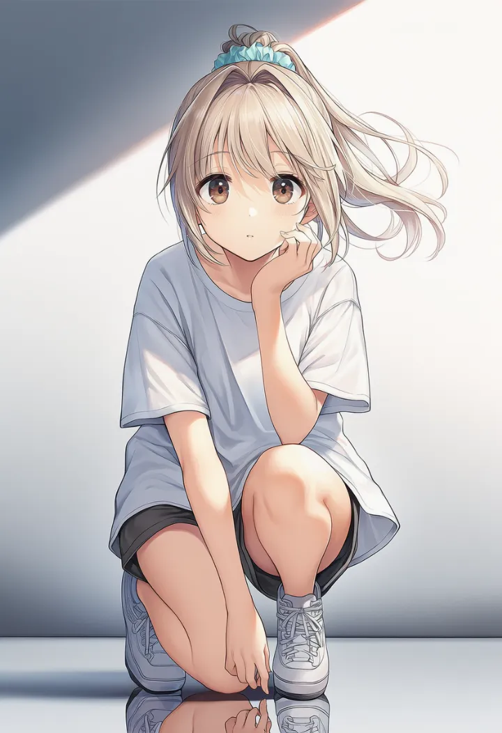 片膝をついたしゃがみポーズのAIイラスト