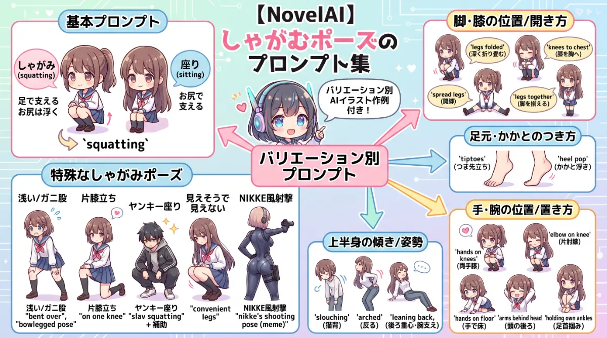 しゃがむポーズのプロンプト集（種類別）【NovelAI】のまとめ用の図解イラスト（グラレコ）