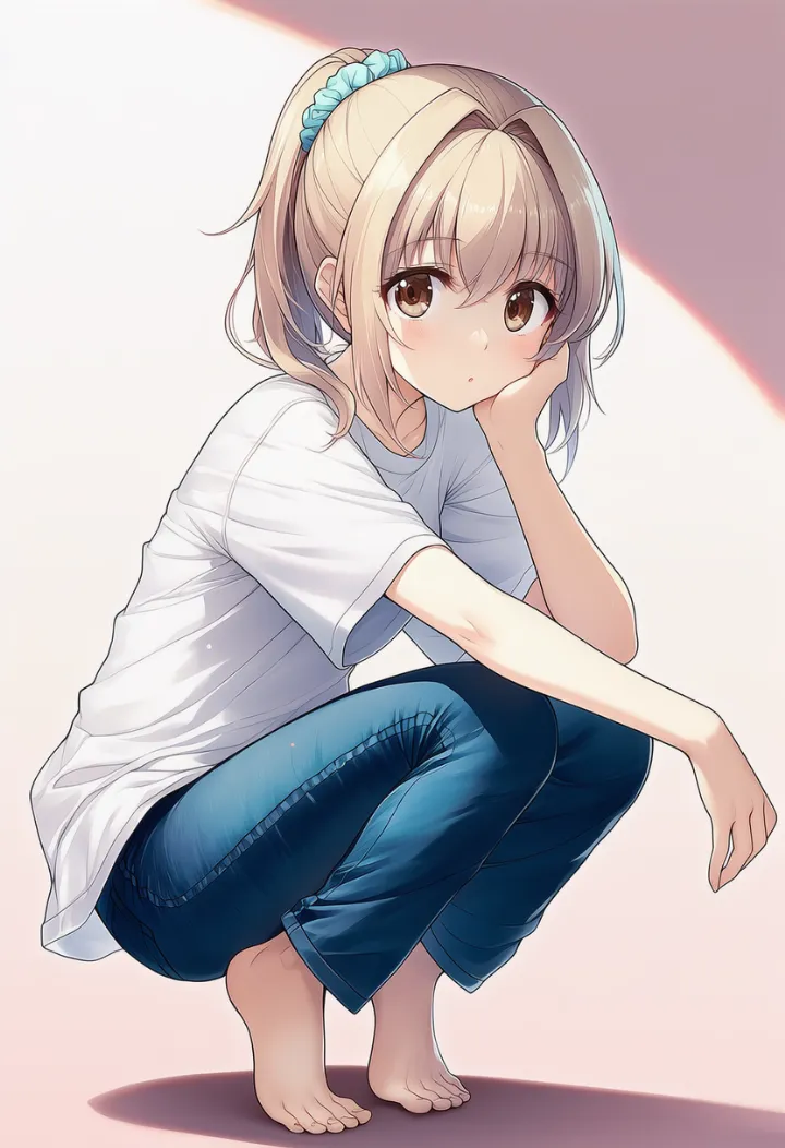 つま先立ちでしゃがむポーズのAIイラスト