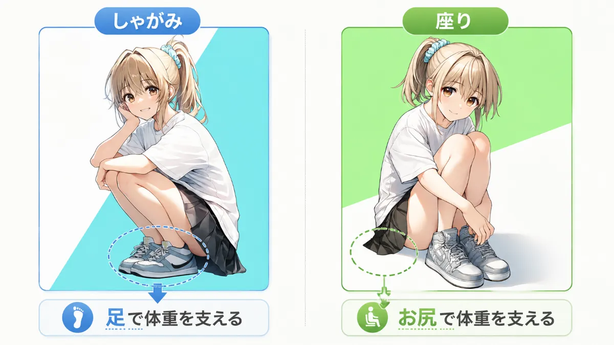 しゃがみポーズと座りポーズの違いを比較したAIイラスト