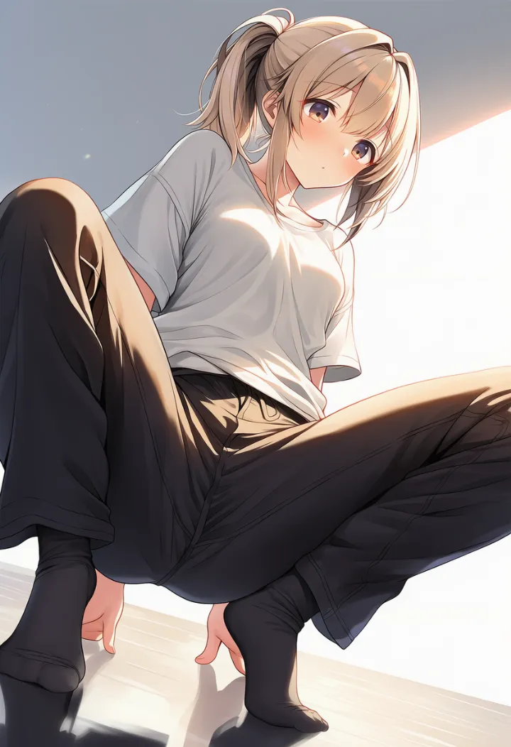 後ろに反って手をつきバランスをとるしゃがみポーズのAIイラスト