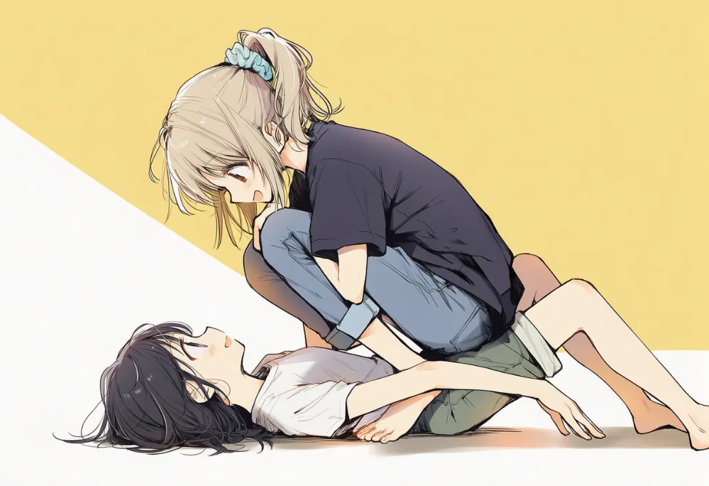 人（他キャラクター）の上でしゃがむポーズのAIイラスト