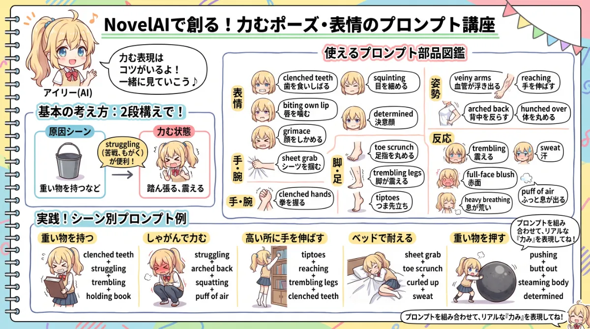 力むポーズ・表情のプロンプト【NovelAI】のまとめ用の図解イラスト（グラレコ）