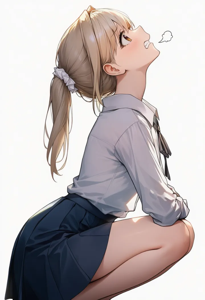 しゃがんだ姿勢でいきむキャラクターのAIイラスト