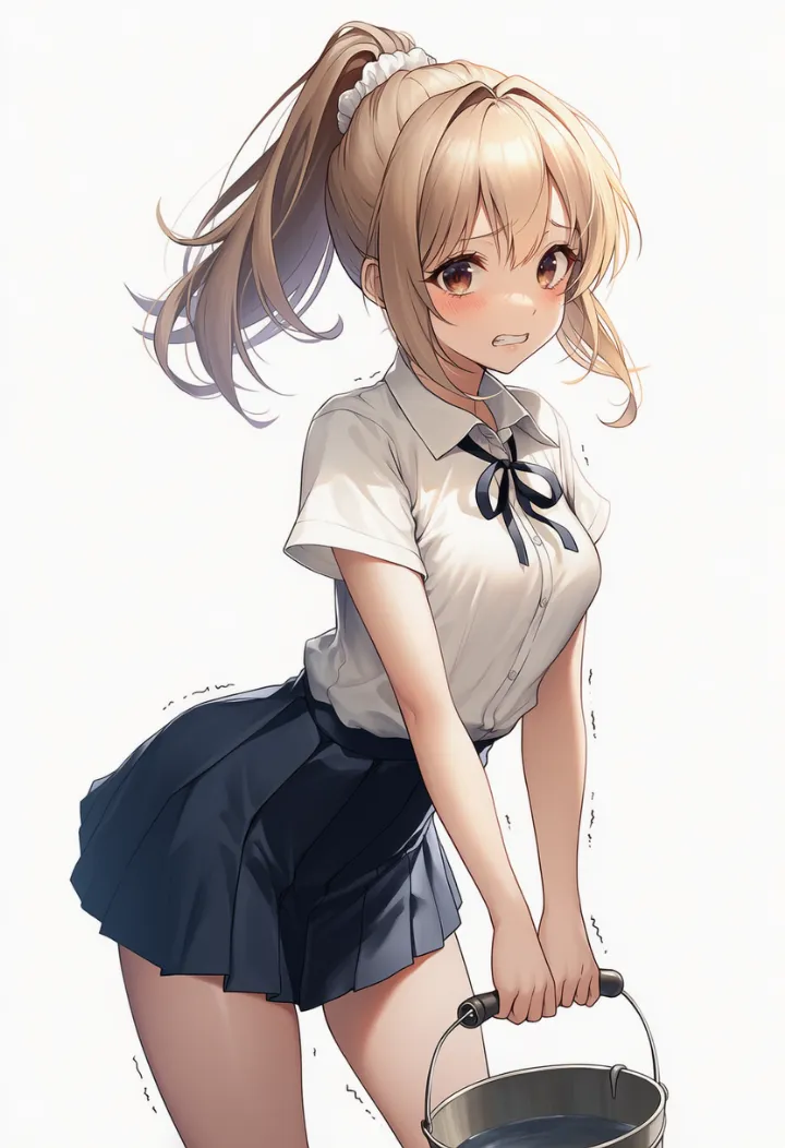 重いバケツを持って踏ん張るキャラクターのAIイラスト